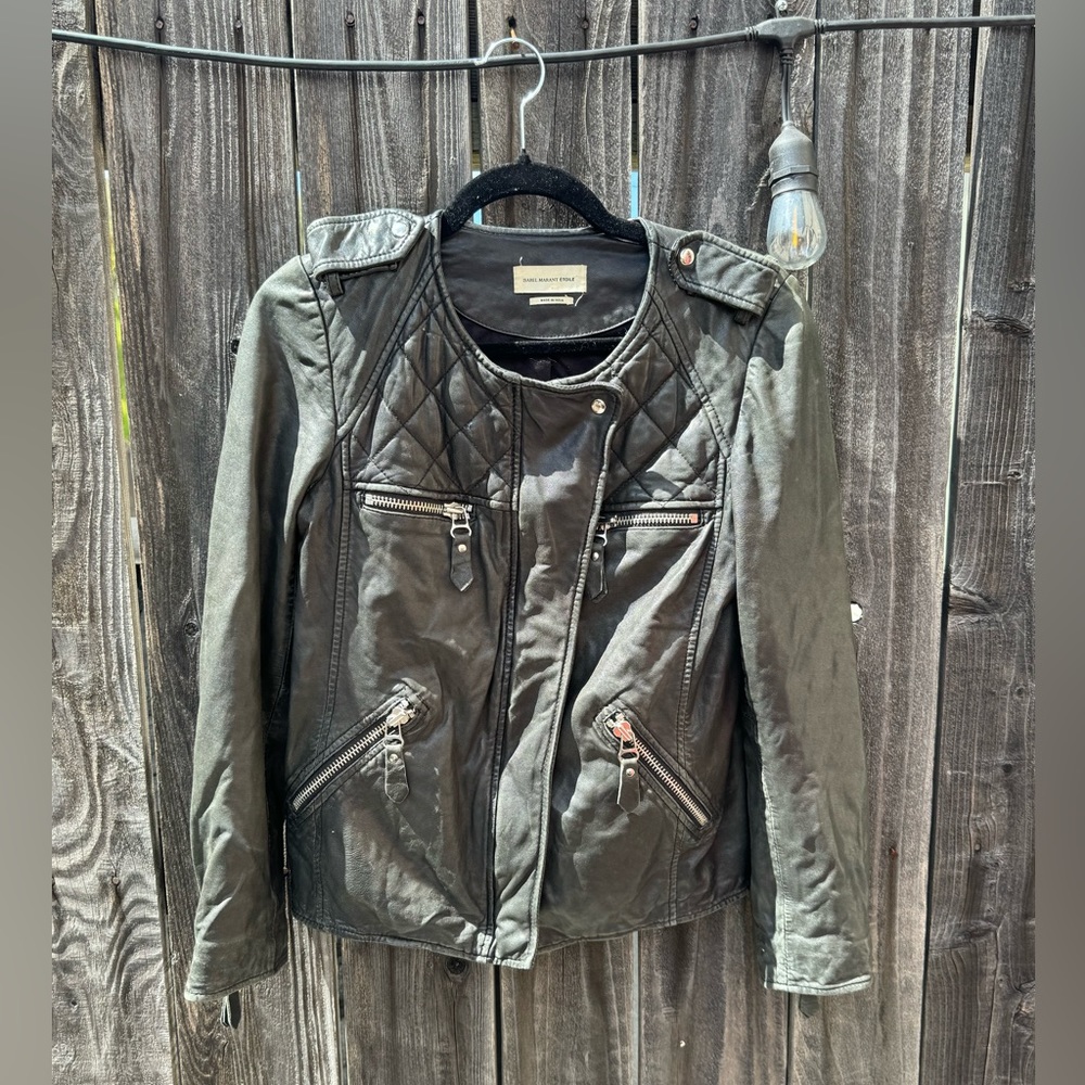 Isabel Marant Etoile Greenish Grey Leather Full-Zip Moto Jacket size 36/small